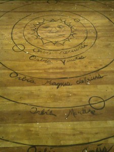 Copernican model stage floorboard for Galileo at Burbage Theatre, designed by Andrew "Ike" Iacovelli (Photo: Michael Bilow)