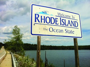Pachaug Trail - "Welcome to Rhode Island sign" at Beach Pond, Hope Valley, RI