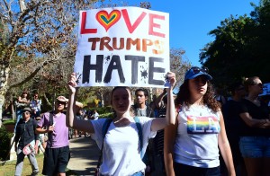 University of California Los Angeles students march through campus on November 10, 2016 in Los Angeles, California, during a "Love Trumps Hate" rally in reaction to President-elect Donald Trump's victory in the presidential elections. / AFP / Frederic J. BROWN (Photo credit: FREDERIC J. BROWN/AFP/Getty Images)