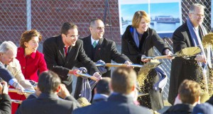 L-R: Former RI Gov. Lincoln Chafee, current RI Gov. Gina Raimondo, former Providence Mayor Angel Taveras, current Providence Mayor Jorge Elorza, and Brown University President Christina Paxson at the ceremonial opening of Providence's new Adopt-a-Pothole project. (Photo: Mike Cohea, Brown University)