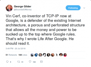 George Gilder responds on Twitter to criticism of the blockchain by Vint Cert.