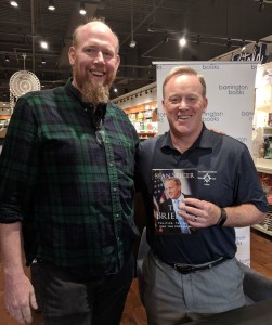 Motif Publisher Mike Ryan and former US presidential press secretary Sean Spicer (L-R:) at book signing for The Briefing, Barrington Books, Cranston, RI, on July 28, 2018.
