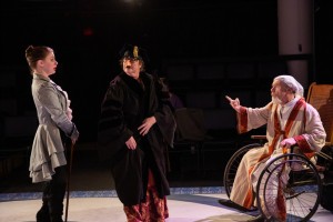 The Hypochondriac at Burbage Theatre: (L-R) Valerie Westgate as Béralde, Clare Blackmer as Toinette, F. William Oakes as Argan. (Photo: Maggie Hall)