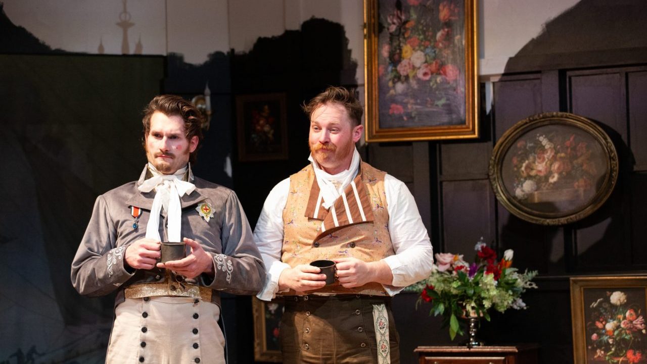 Jeff Church as Sir Andrew Aguecheek and Kelby Akin as Sir Toby Belch in Gamm Theatre’s Twelfth Night. Photo by Cat Laine
