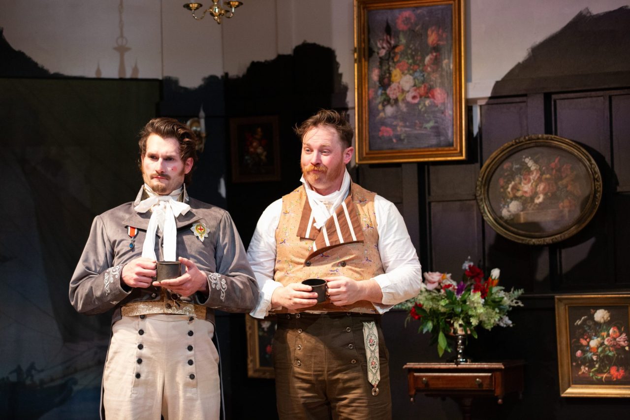 Jeff Church as Sir Andrew Aguecheek and Kelby Akin as Sir Toby Belch in Gamm Theatre’s Twelfth Night. Photo by Cat Laine